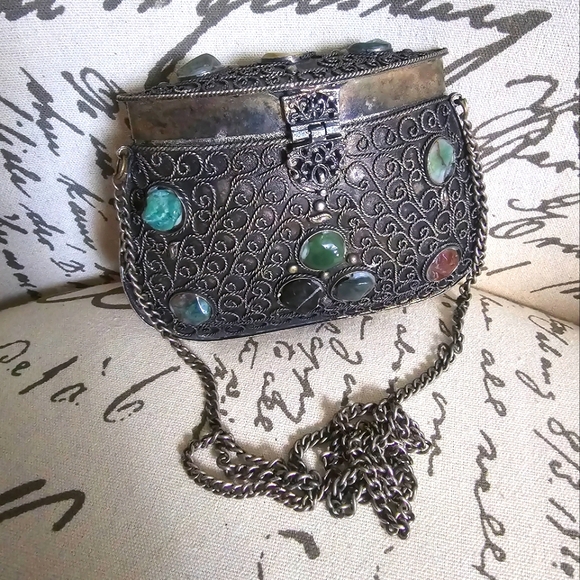 Handbags - Embellished Filigree Metal Crossbody Bag with Gem Accents - Silver